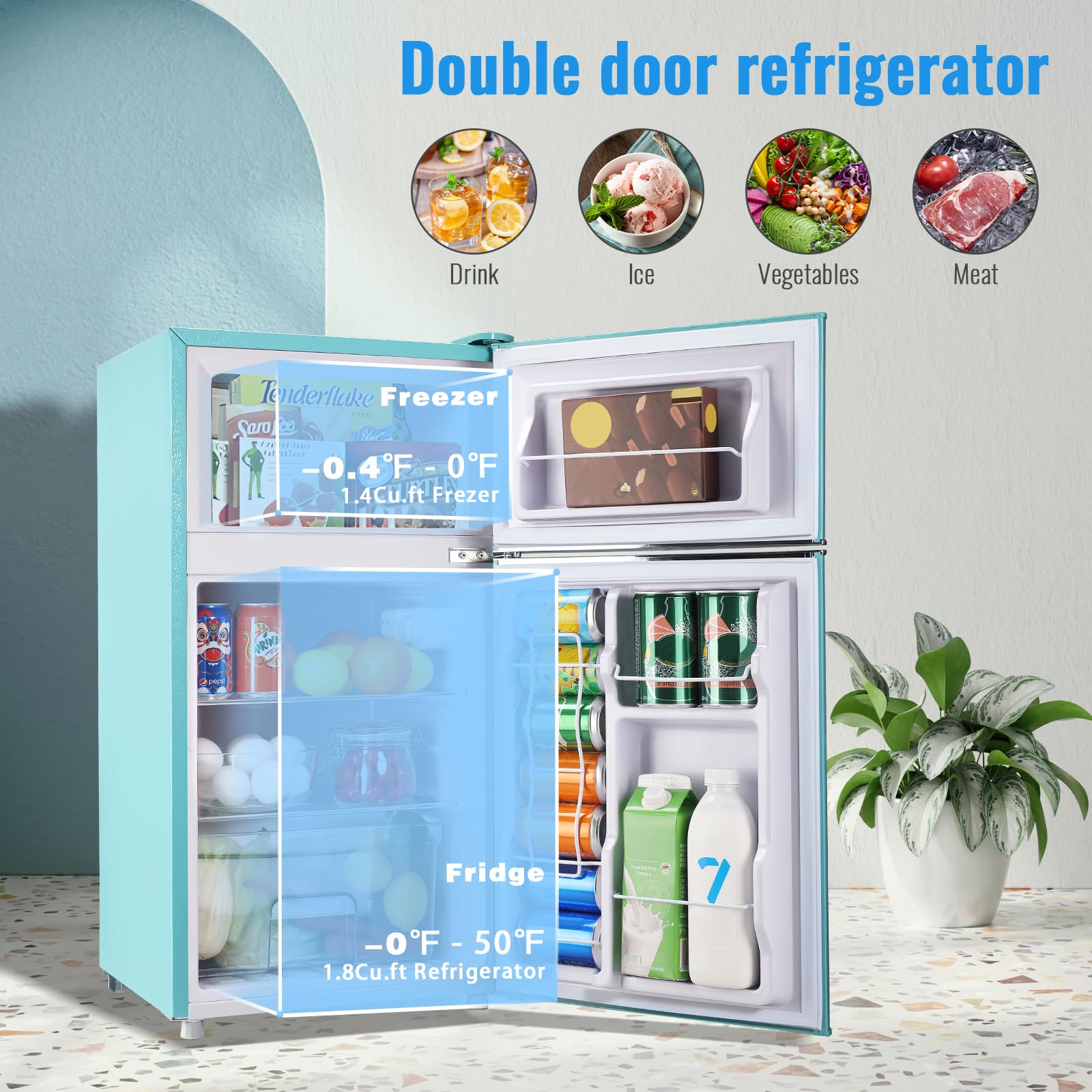 WANAI 3.5 Cu.Ft Retro Mini Fridge With Freezer Small Retro Dual Door Refrigerator Freestanding Compact Refrigerator With Freezer 2 Door Mini Fridge For Bedroom, Dorm, Office Blue on Fridge.com - View 3