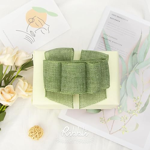 Miniatura 4 de Ribbli Cinta con alambre de arpillera verde salviamusgo primaveral, 2 pulgadas x 10 yardas continuas, cinta de borde con alambre para lazo grande,