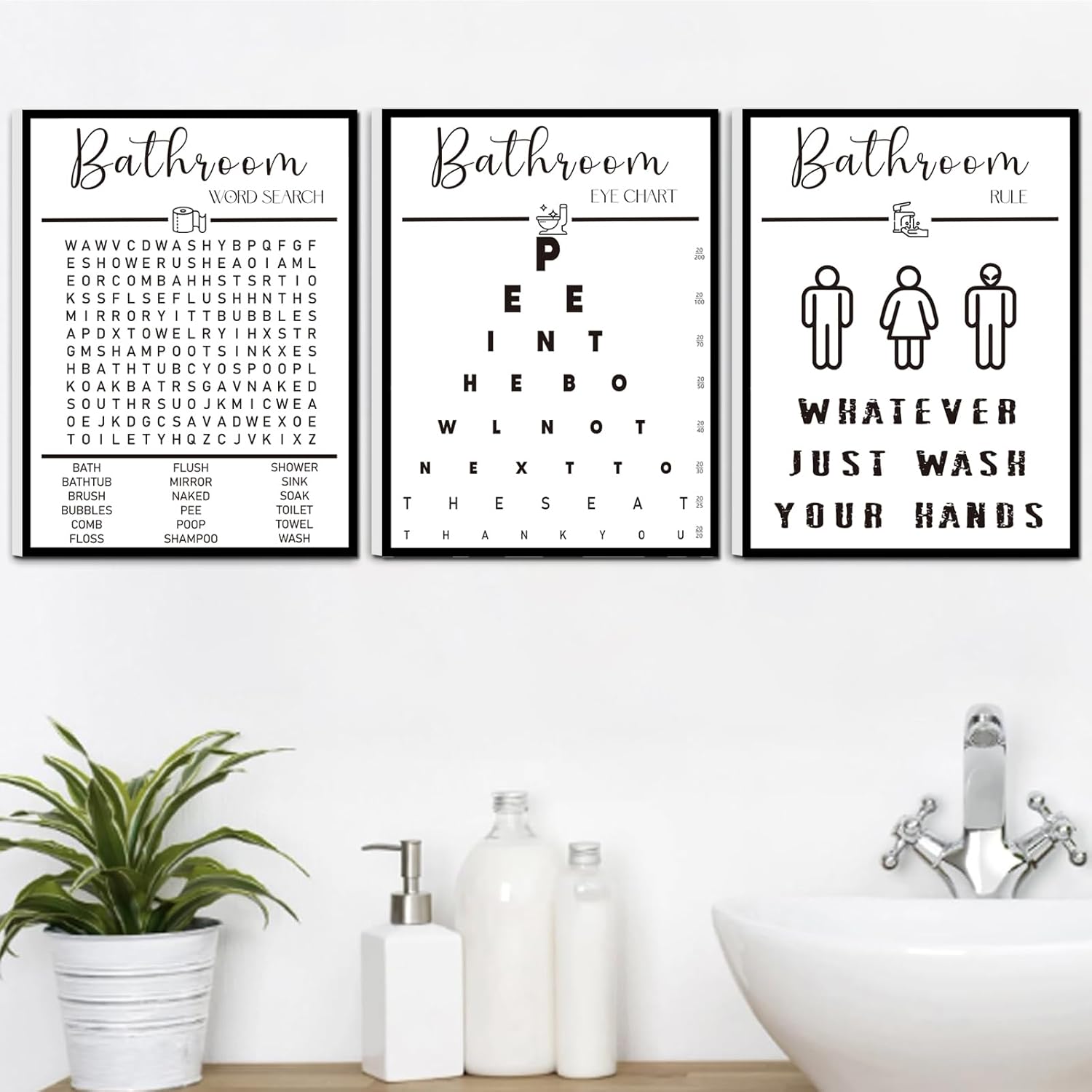 Framed Funny Bathroom Wall Art, Black and White Bathroom Decor, Word Search Pee Eye Chart Wash Your Hand (12x16 inches, Set of 3, Framed)