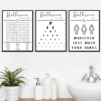 Framed Funny Bathroom Wall Art, Black and White Bathroom Decor, Word Search Pee Eye Chart Wash Your Hand 12x16 inches, Set of 3, Framed