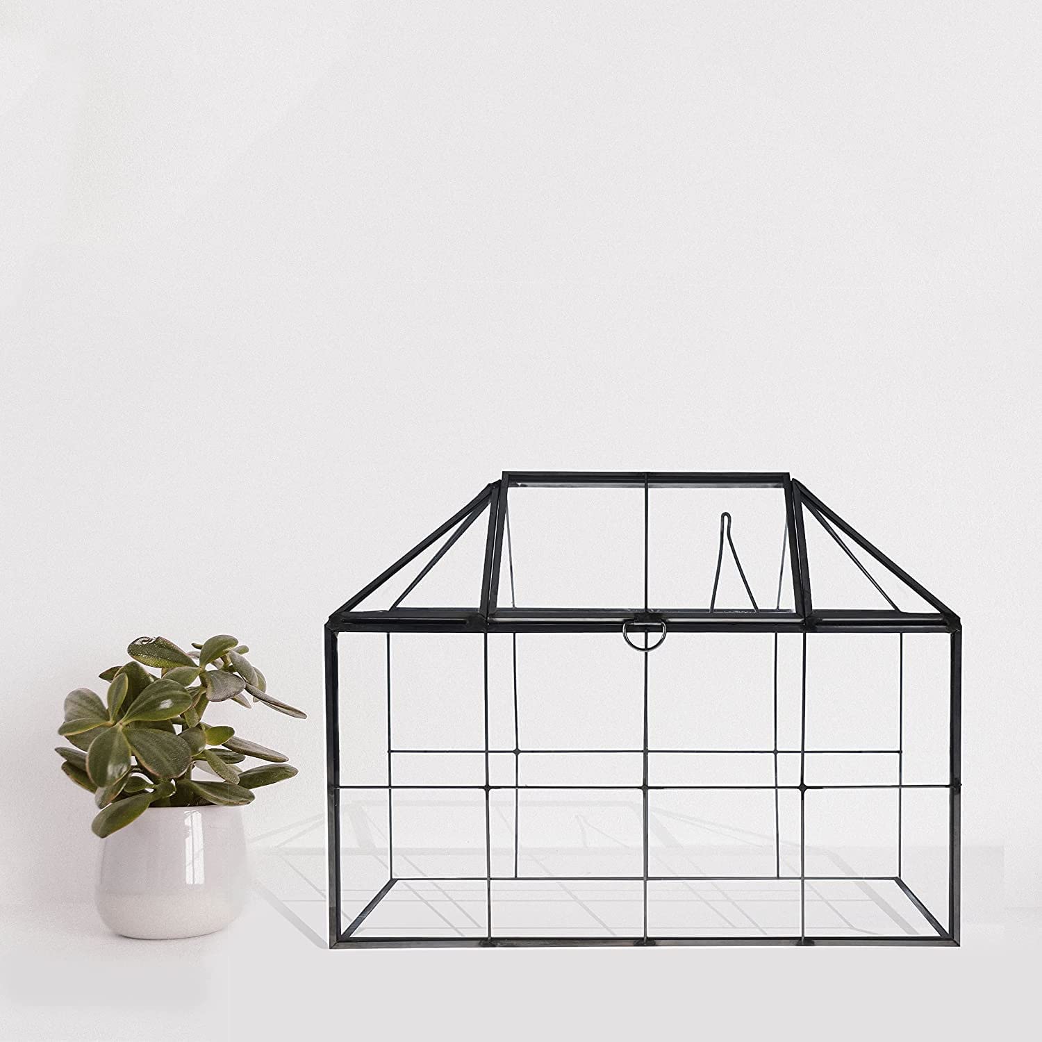 Homtone Terrario Geometrico In Vetro A Forma Di Gabbia Dorata - Fioriera Con Coperchio Apribile - 23x14x18,5 Cm - Per Piante Grasse E Cactus