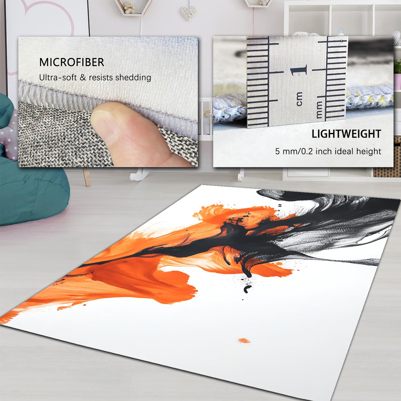 Waschbarer Teppich 80x150 Bereichsteppiche weich Kunstwolle für Wohnzimmer Schlafzimmer Esszimmer rutschfest faltbar Innen für Wohnkultur modern Aquarell Kunst Bodenmatte Schwarz Orange