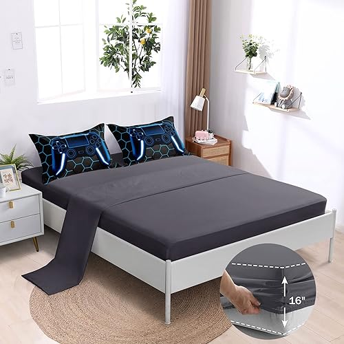 Miniatura 4 de BDUCOK Juego de edredón de 6 piezas en una bolsa para niños, adolescentes y niños, juegos de ropa de cama con estampado de panal con consola de