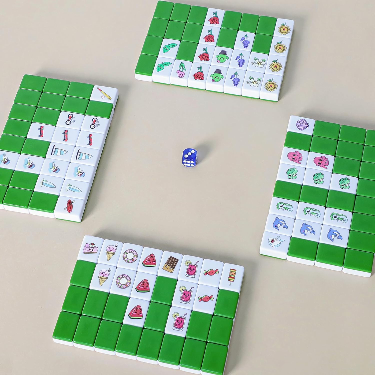 GRACIAS 4 Players Mahjong Block Set for Adult, 128 Green Tiles(1.18”) with 4 Different Patterns, Portable Mahjong Set with A Carry Bag & English Instruction, Mahjong Tile Game