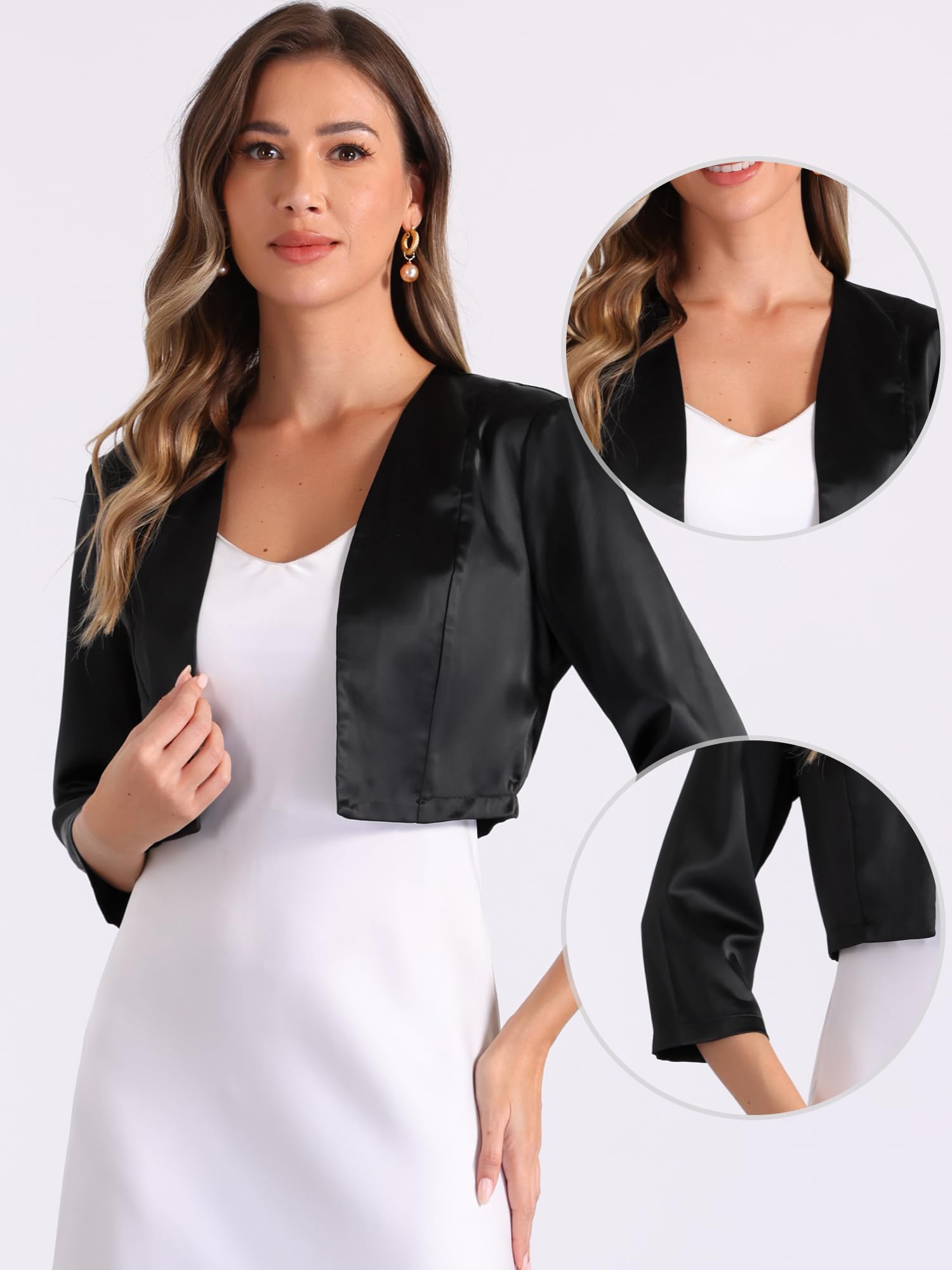 Allegra K Cardigan en satin pour femme à manches 3/4 ouvert sur le devant - Boléro court pour le bureau