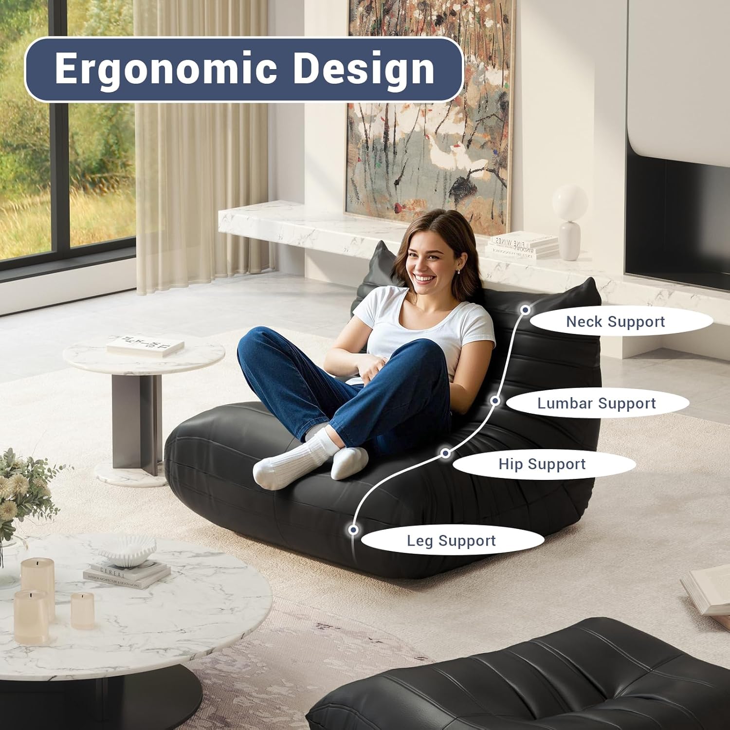 Bean Bag Chair Fireside Chair Lazy Floor Sofa, Faux Leather Giant Corner Bean Bag Sofa, High-Resilience Memory Foam Armless Foam Lounger Tatami Recliner Couch for Living Room Bedroom Dorm Office