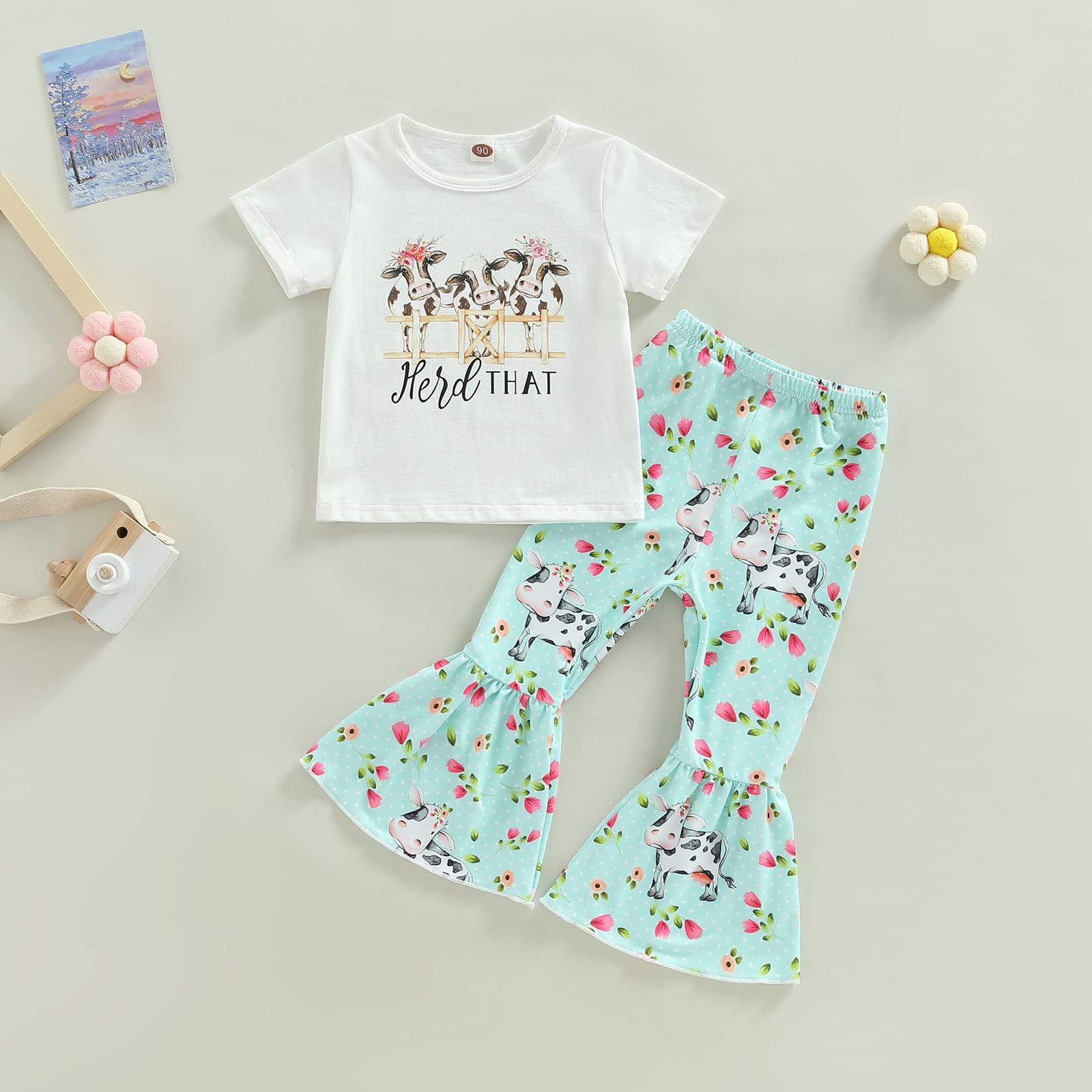Toddler Baby Girls Letter Outfits Set Long Sleeve Tops + Leopard Bell Bottom Pants Autumn Clothes