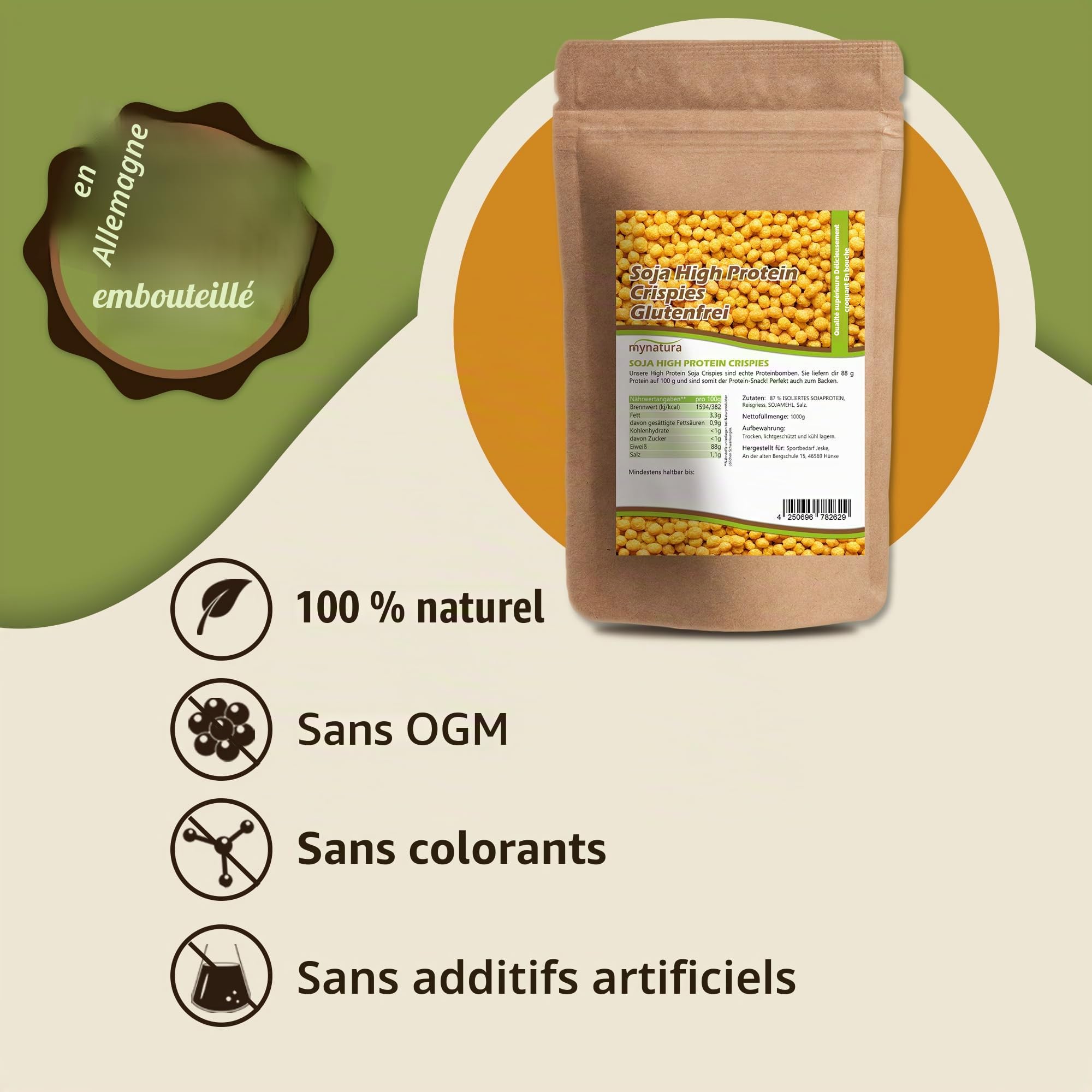 Mynatura Crispies de soja à haute teneur en protéines, 88 % de protéines, protéines végétaliennes, protéines végétales, protéines de soya, graines de soja, collation de soja, végétalien (1000 g)