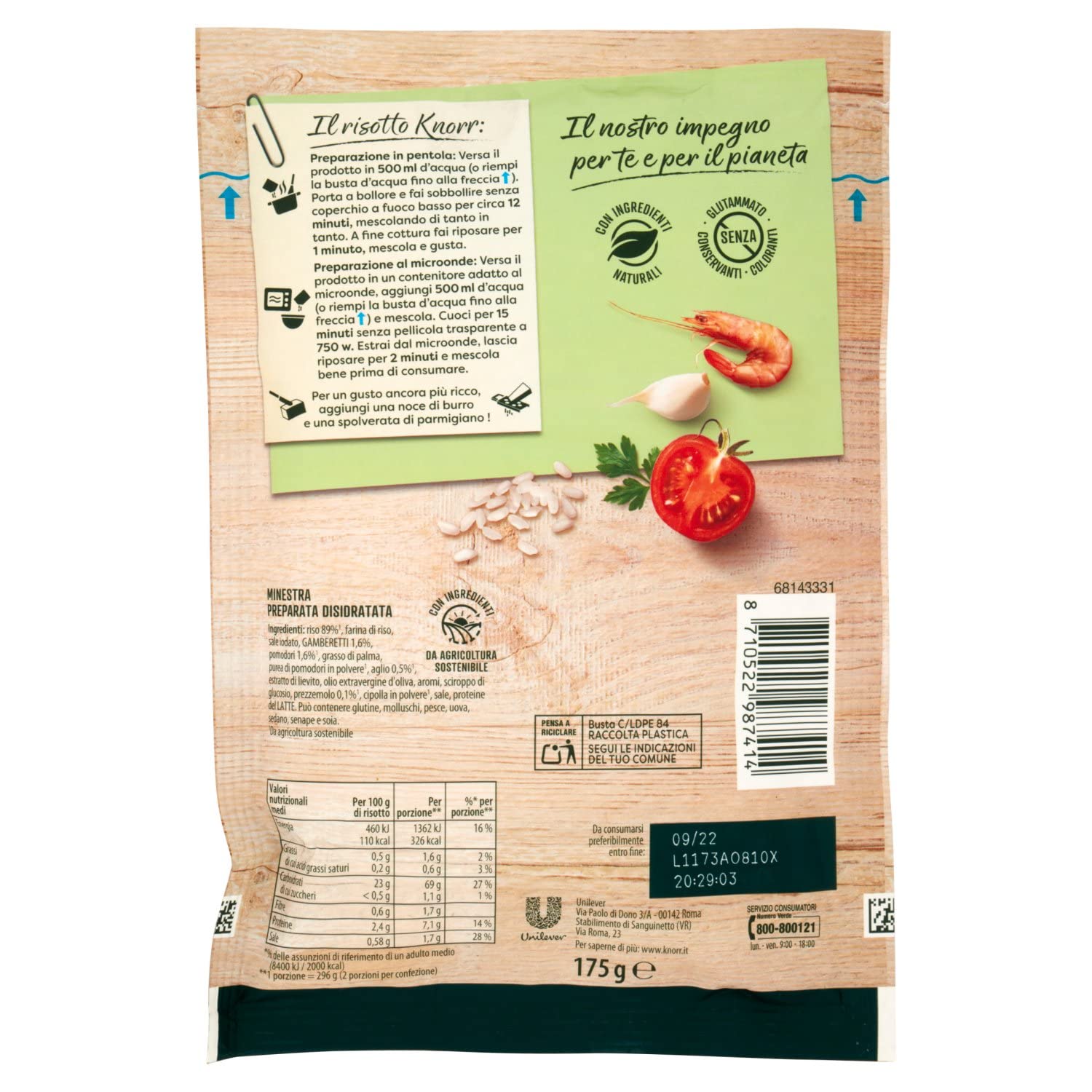 Knorr Risotto con Gamberetti, Risotto Pronto con Ingredienti Naturali, 100% Riso Italiano e Chicci al Dente, Preparazione in Pentola o al Microonde, 175g, 2 Porzioni (Confezione da 4)