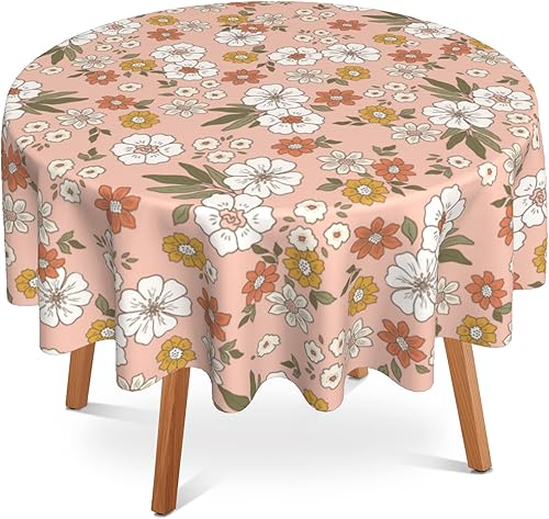Mantel redondo retro de los años 70 de 60 pulgadas, mantel circular de flores bohemias, poliéster, impermeable, sin manchas, sin arrugas, para el
