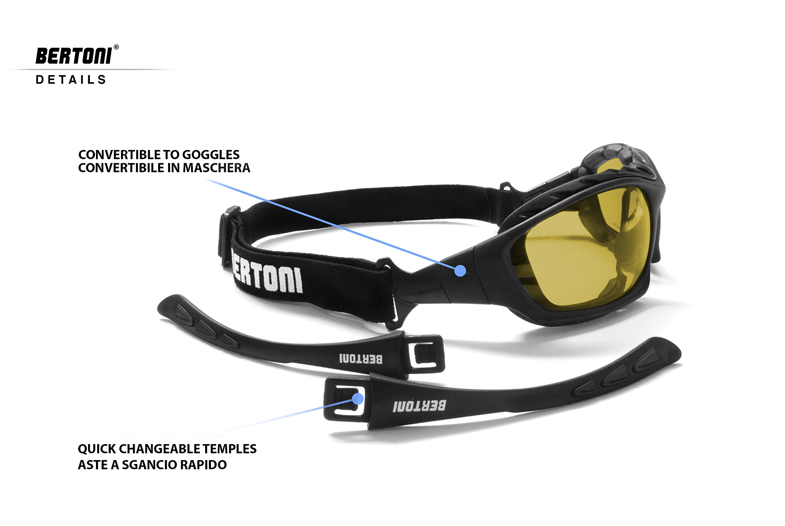 BERTONI Gafas Moto Fotocromaticas Polarizadas con Clip Óptico Para Lentes Correctivas y Patillas Sustituibles con Banda Elastica Mod. 366