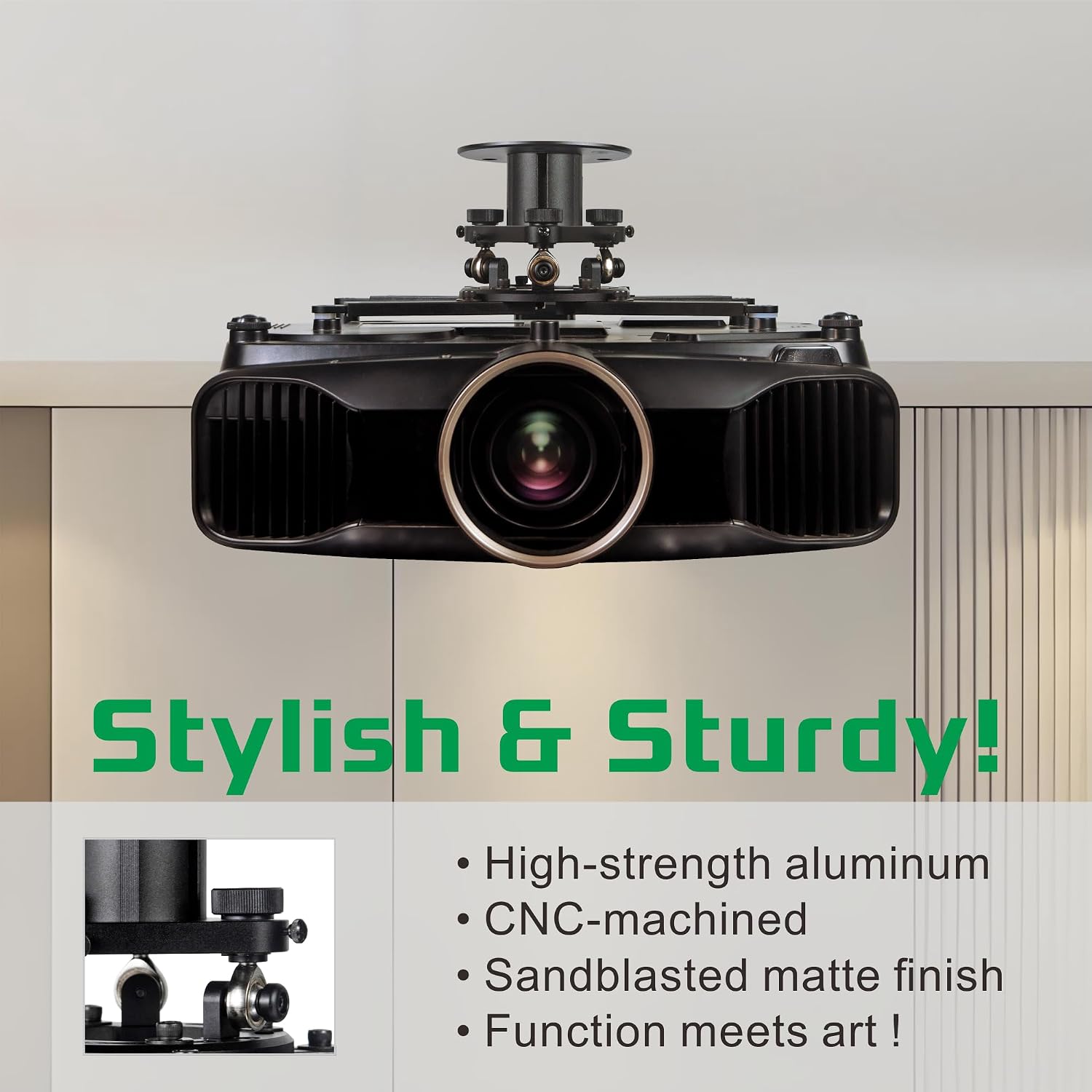 Low Profile Projector Ceiling Mount, 12cm/4.72in Height, Aluminum Alloy, 360° Rotation & ±10° Tilt, Universal Fits 1-4 Hole VESA, 55 lbs Capacity (Black)