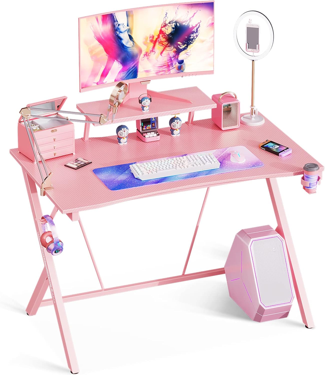 MOTPK Pink Gaming Desk 40" with Monitor Shelf Computer Desk Gaming