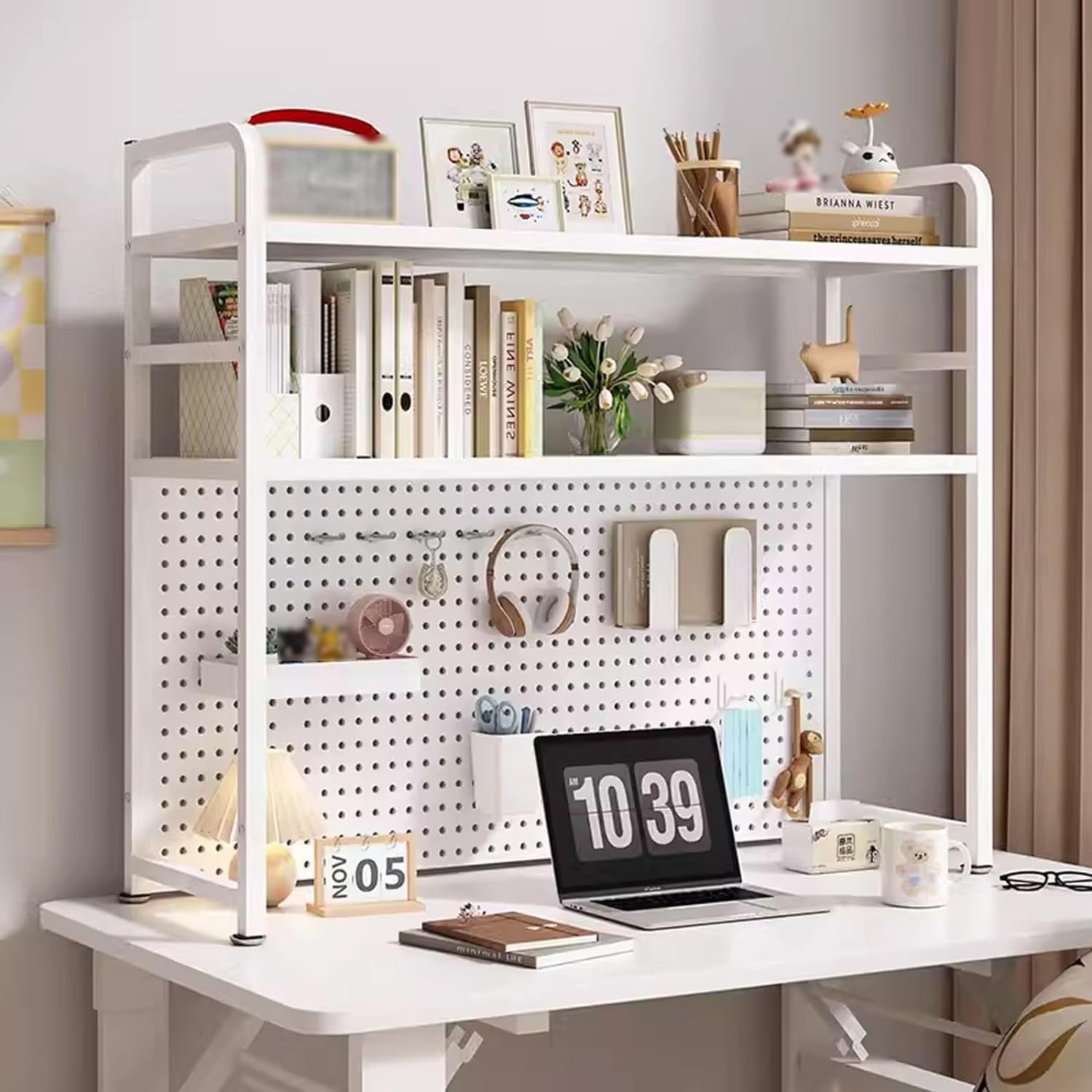 Desktop Bookcase With Perforated Board, 2/3Tier Metal Countertop Hutch Display Shelf For Computer Desk, Thickened Steel Desk Organiser Shelf For Dorm Room Office Home(Size:75*20*98cm,Color:White)