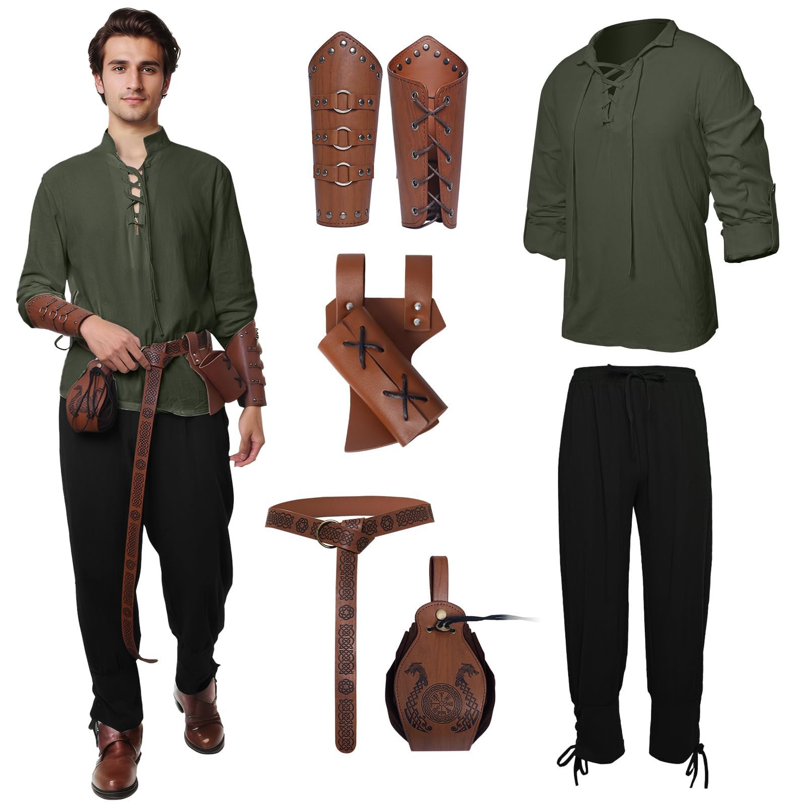 Mittelalter Kleidung Herren, 7 Stück Herren Renaissance Kostüm Set, Mittelalter Viking Kostüm mit Piratenhemd Lang Hose Gürtel Handgelenkgurt