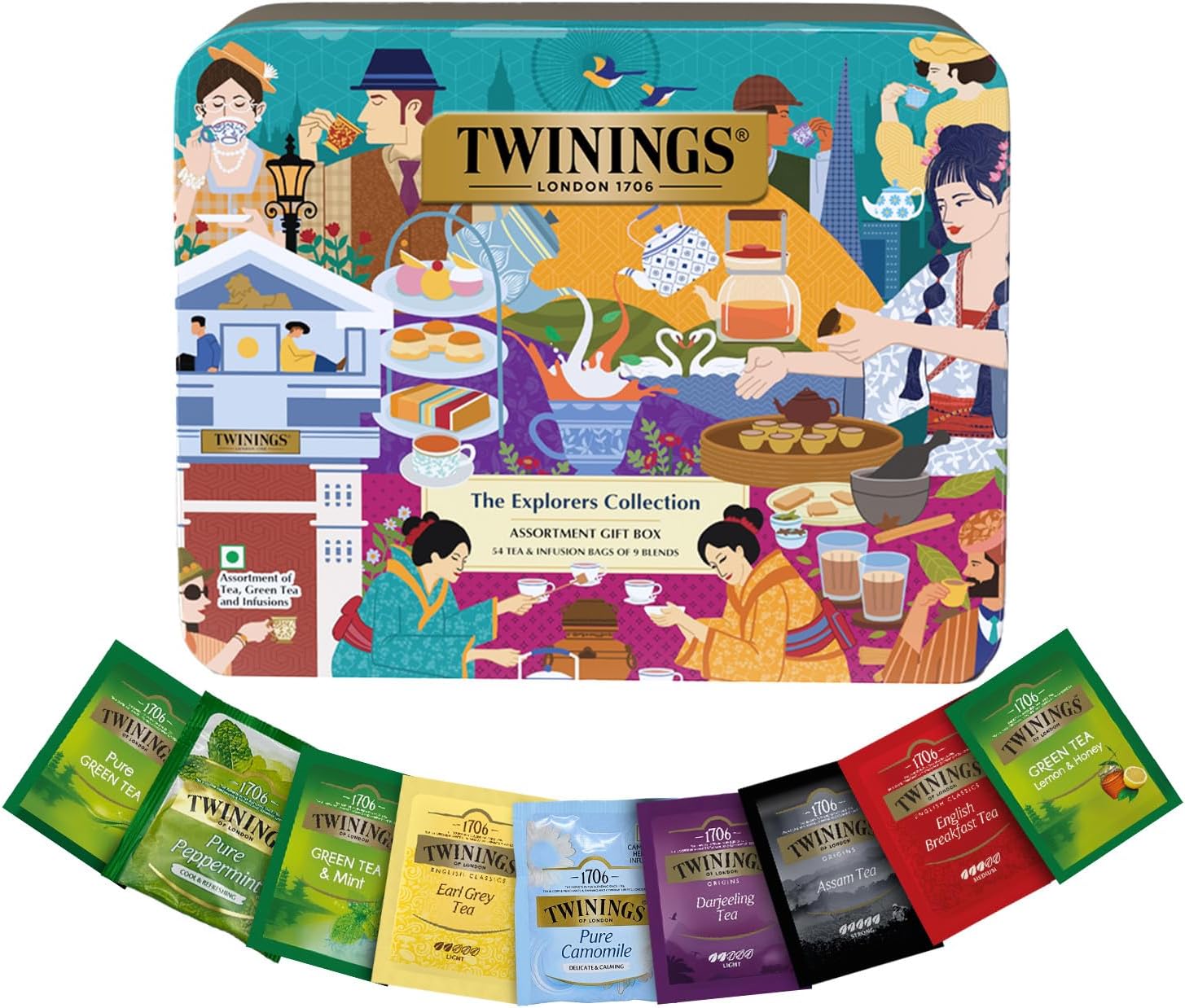 The Explorers Collection Assortment Tea Gift Set, Teabags 54 Pcs, 9 Tea Flavors Set, Green Tea Bags, English Breakfast Tea Bags, Chamomile Tea & more, Best Tea Gift Pack