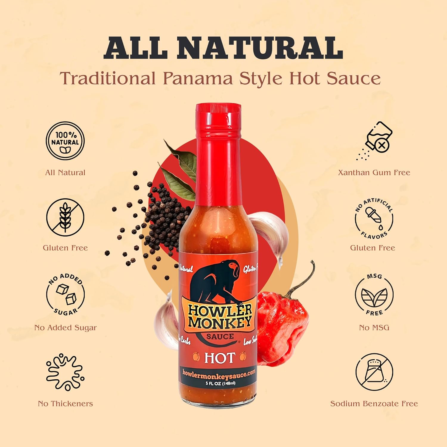 Howler Monkey Sauce Hot - Panamanian Hot Sauce with Aji Chombo Pepper - Gluten-Free, No Carbs, Low Sodium - Caribbean Flavor - 5 oz (4-Pack)