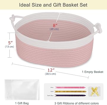 Small Empty Gift Basket with Bag & Ribbons, White & Dusty Pink