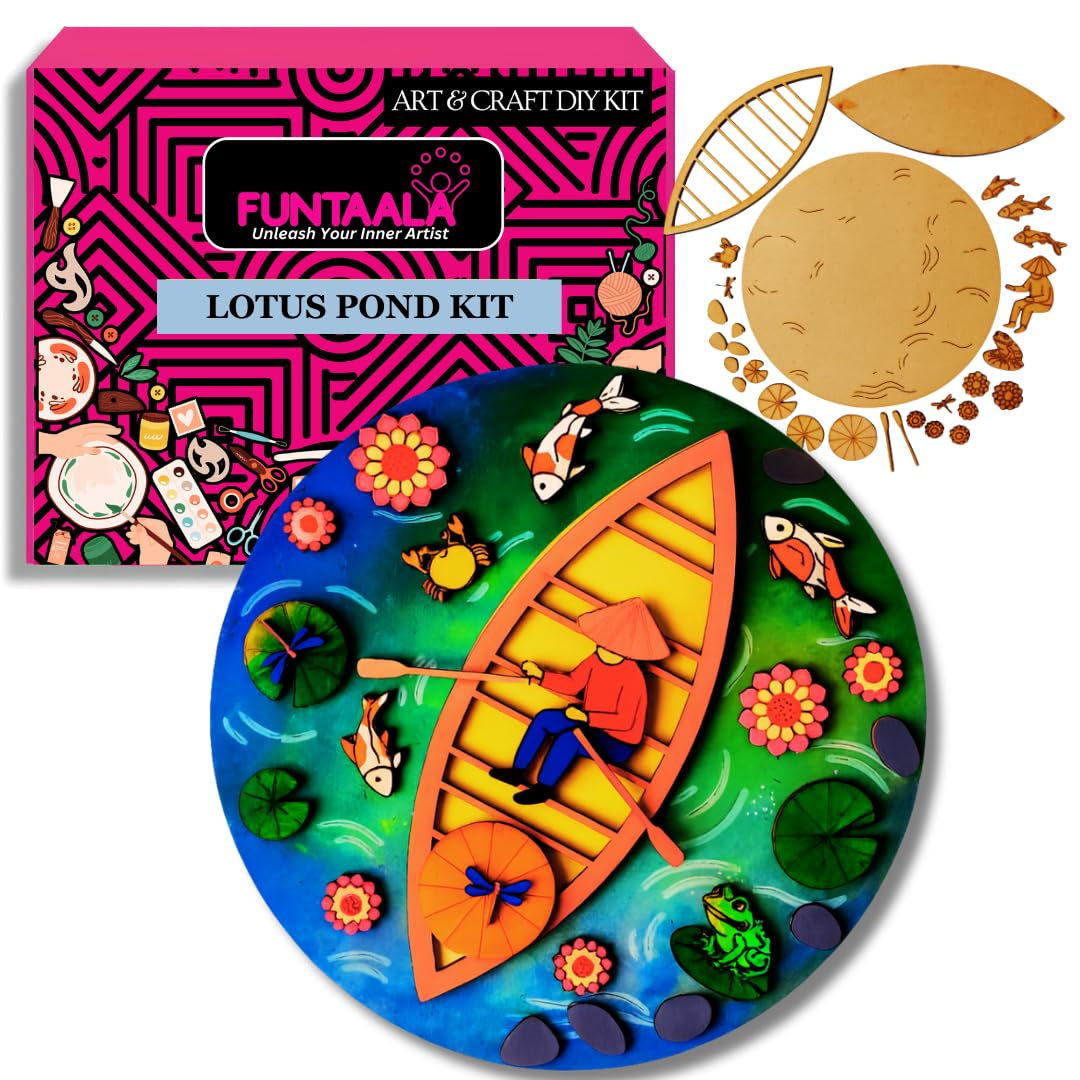 Funtaala Lotus Pond DIY Miniature Painting Kit | Wooden Laser-Cut Craft Set for Kids & Adults | Mandala Pond Scene with Boat, Lotus, Koi Fish & Frog | Art & Craft Activity Kit | Home Décor Painting Kit-image-26