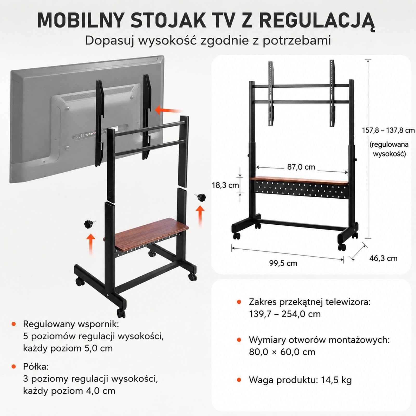 Stojak TV na kółkach, mobilny wózek do telewizora i monitora, podstawa podłogowa z regulacją wysokości do domu biura