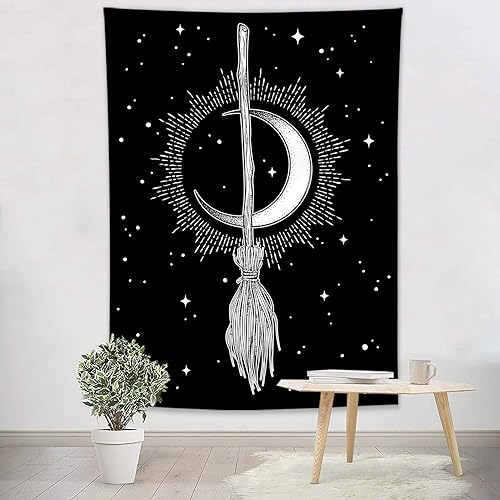 Miniatura 2 de HVEST Tapiz para colgar en la pared de la escoba de bruja, blanco y negro, psicodélico, hippie, decoración de pared para sala de estar, dormitorio,