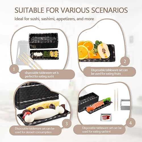 Miniatura 3 de Sbirdbao Juego de vajilla desechable para 50 recipientes de sushi con tapas de 8.6 x 3.6 pulgadas, cajas desechables para sushi para llevar, 50