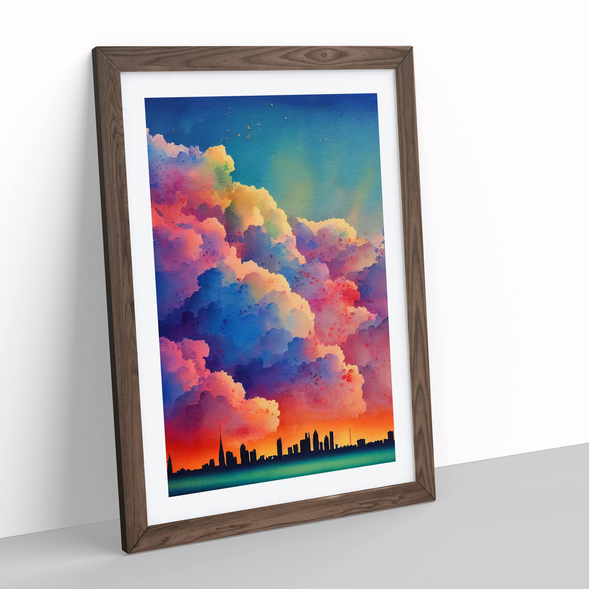 Watercolour City Skyline Clouds No.5 Framed Print, Walnut, A3 (34 x 46 cm) - Image 3