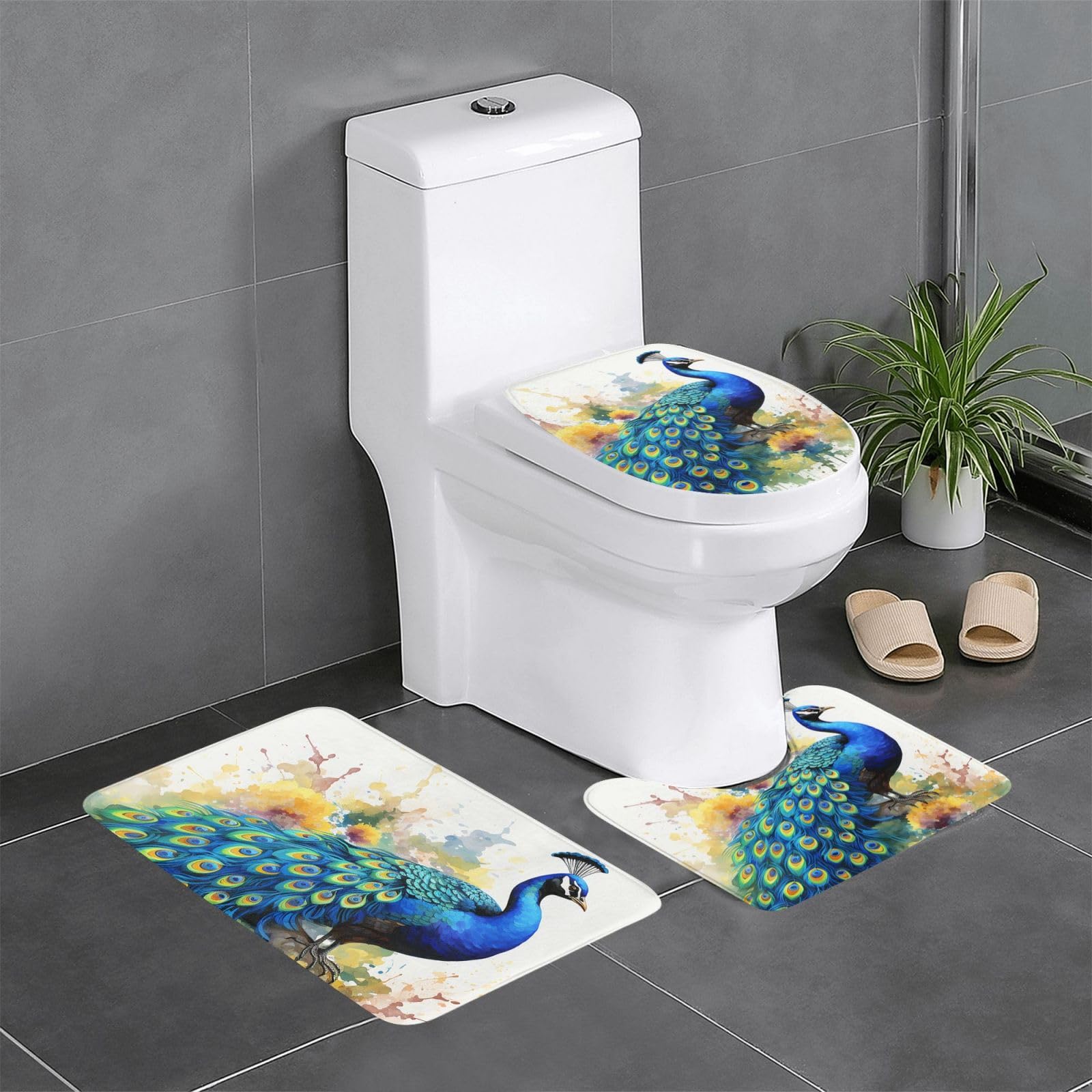 Tapis de bain 3pcs paon en aquarelle avec housse abattant wc douce
