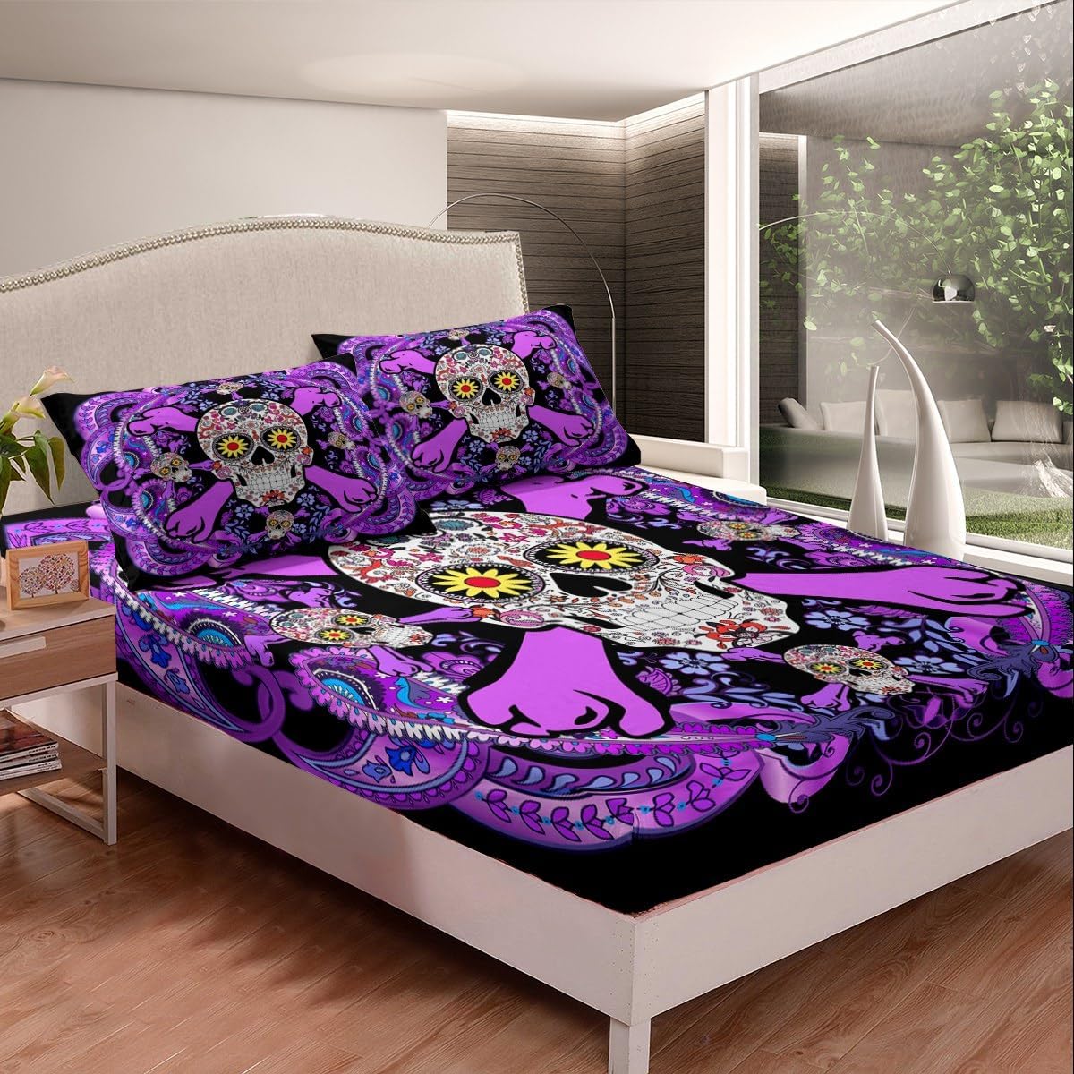 Sugar Skull Bedding Sets Queen,Bohemian Paisley Fitted Sheet Gothic Bone Bed Sheets Exotic Boho Floral Colorful Bedding Decor Set Tribal Nordic Skeleton Halloween Decor,Purple