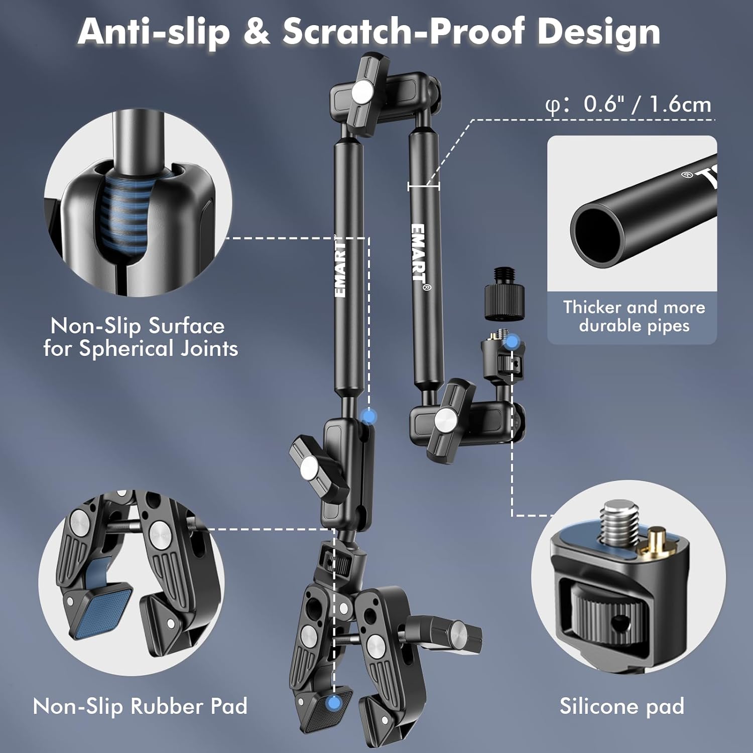 EMART Overhead Phone Mount with 22" Magic Arm, Super Clamp with 1/4" 3/8" Threads for ARRI, Flexible Camera Desk Mount, Adjustable Articulating Boom Arm for Webcam/Mic/Action Camera/Phone/Video Light