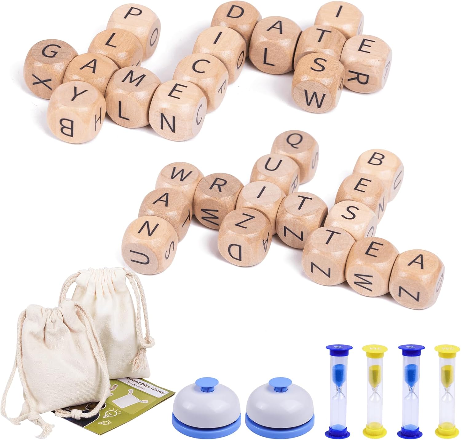 Extguds The Crossword Dice Game Set,2 Bags-15 Wooden Letters Dice,with Bell*2, Hourglass*4,Language Practice,Travel Games, Outdoor Parties&Game Night