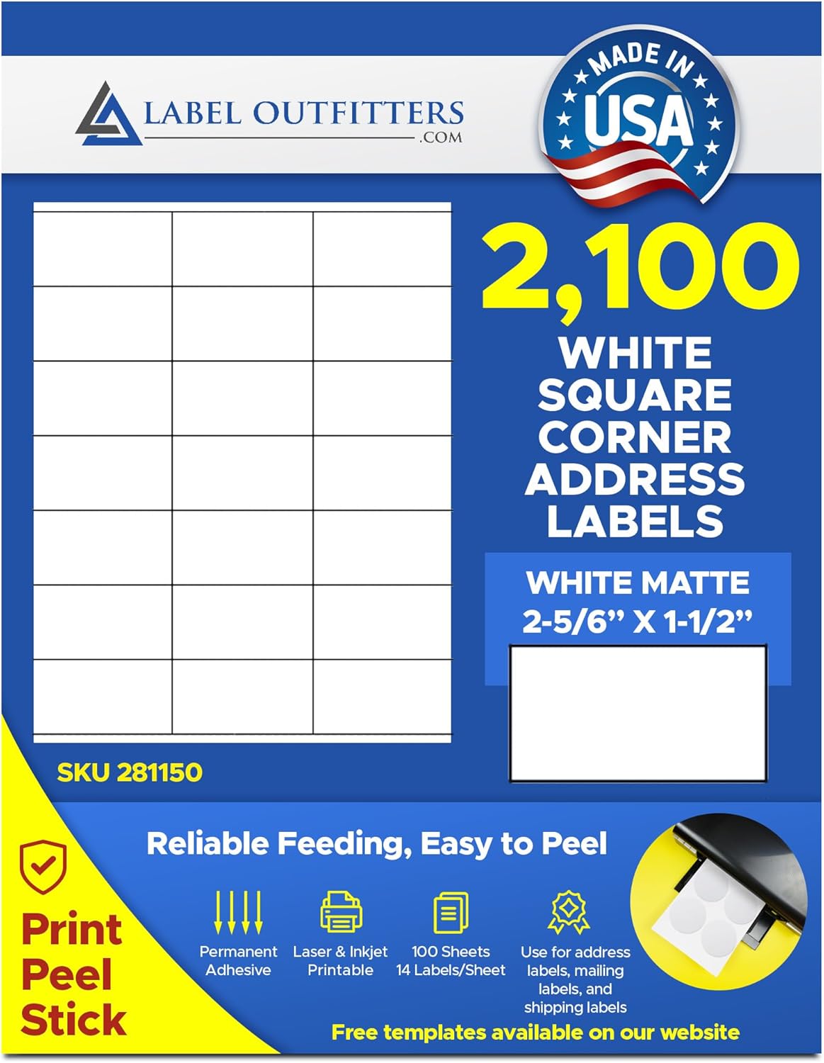2,100 Label Outfitters Blank Printable White Matte Permanent Adhesive Mailing Address Labels 2 5/6" x 1 1/2" - 100 Sheets