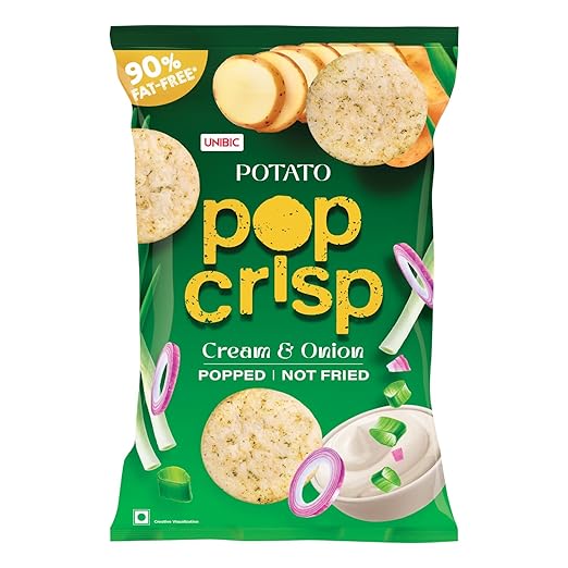 UNIBIC Pop Crisp I Potato Chips I Cream & Onion I Popped Chips I Not Baked Not Fried |90% Fat Free | Low Calorie | Healthy Snacks I 40 Grams