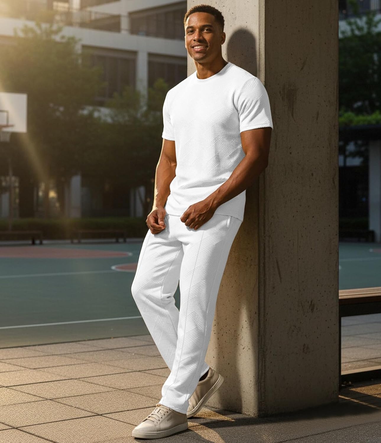 UOUA Mens 2 Piece Sweatsuit Set Short Sleeve Sweatshirt Jogging Sweatpants Tracksuits Outfits - Image 3