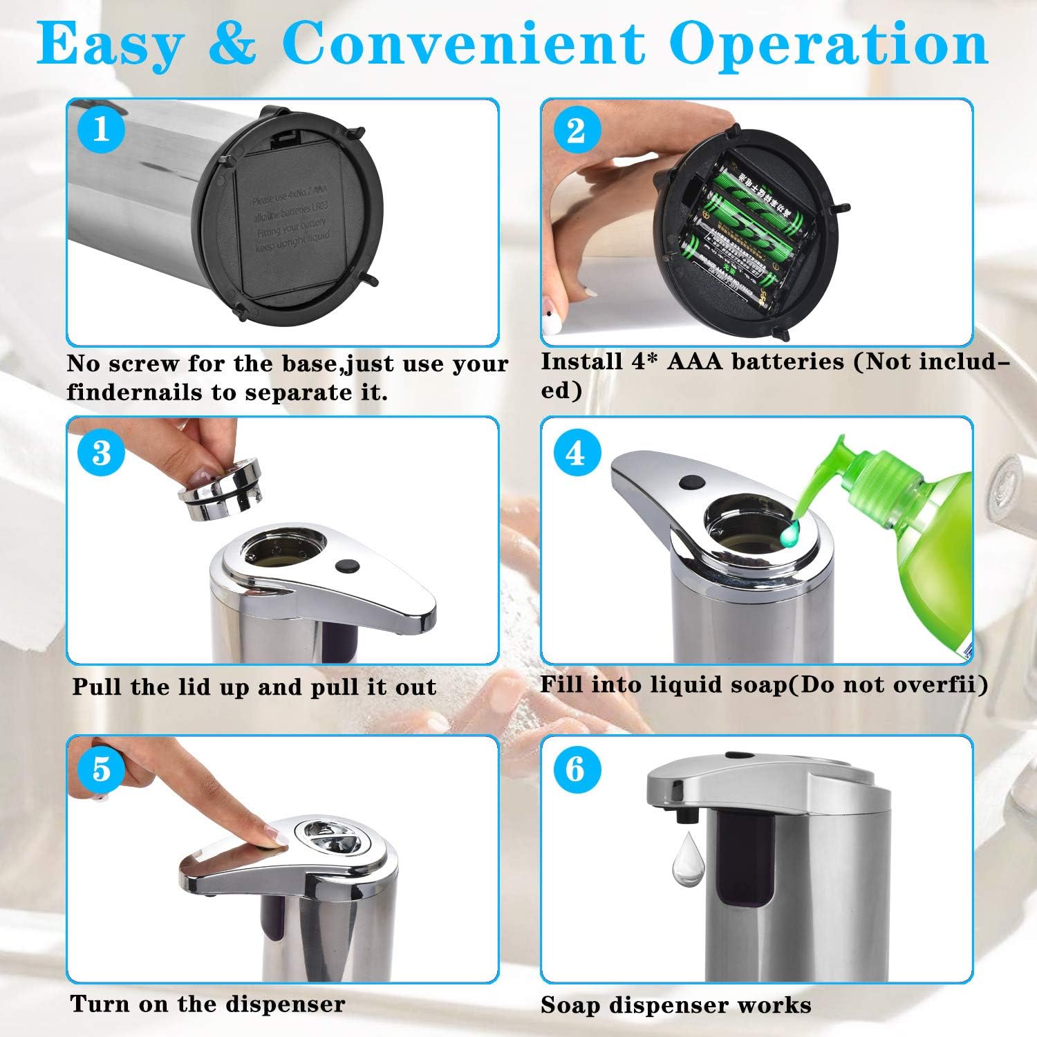 Automatic Soap Dispenser, Touchless Soap Dispenser Equipped with Stainless Steel, Infrared Motion Sensor Soap Dispenser with 3 Adjustable Dispensing Volume for Bathroom Kitchen Hotel