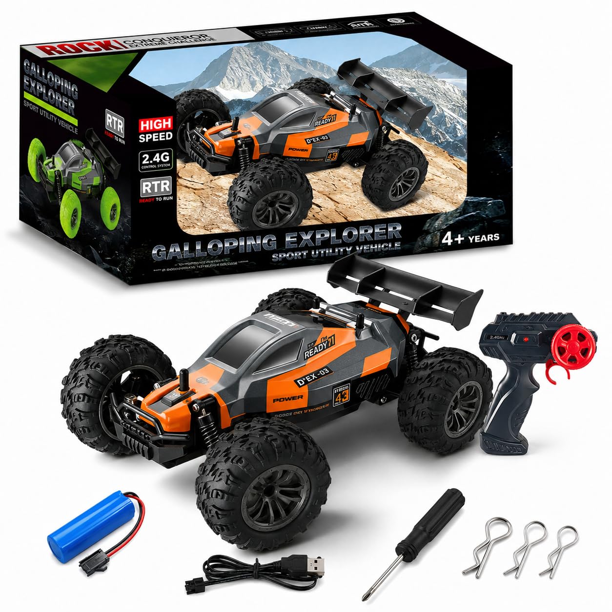 RC Drift Car 4WD,20 KM/H High Speed Remote Control Off-Road Rock Crawler, 2.4GHz Rechargeable Racing Car with Vacuum Tyres, 100 ft Range, All-Terrain RC Toy, RTR, Boys & Girls-image-36