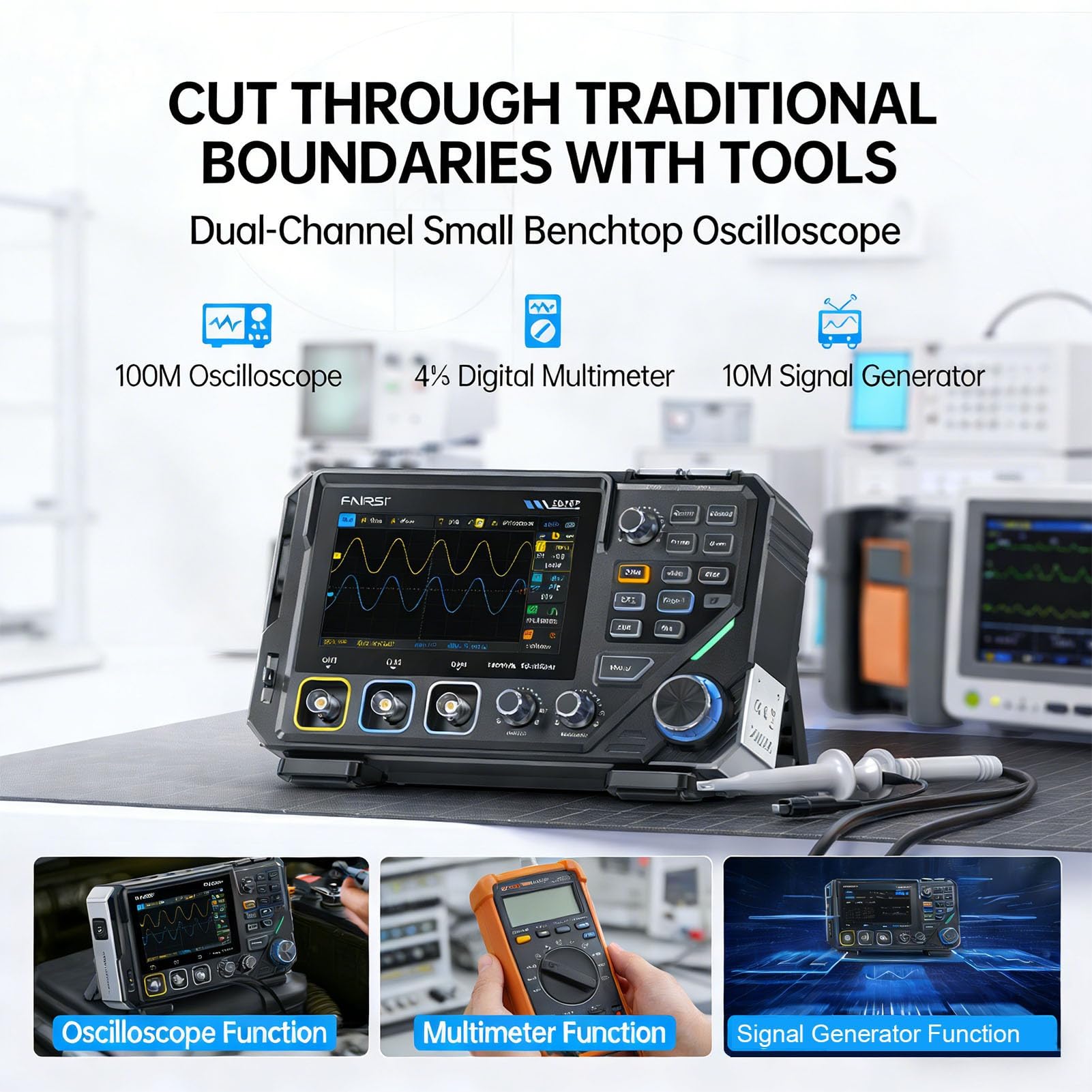 Osciloscopio Digital 100 MHz 3 en 1 con Multímetro y Generador DDS | Doble canal, 500 MSa/s, pantalla táctil IPS de 4,3 pulgadas y generador DDS de 10 MHz para análisis y diagnóstico.