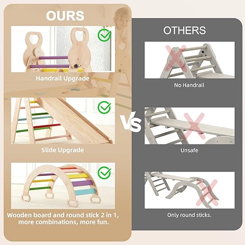 Upgraded 7 in 1 Large Pikler Triangle Set, Wooden Montessori Climbing Set, Foldable Toddler Baby Climbing Toys, Baby Climber Indoor Playground Jungle Gym for Toddlers Montessori Toys-Rainbow