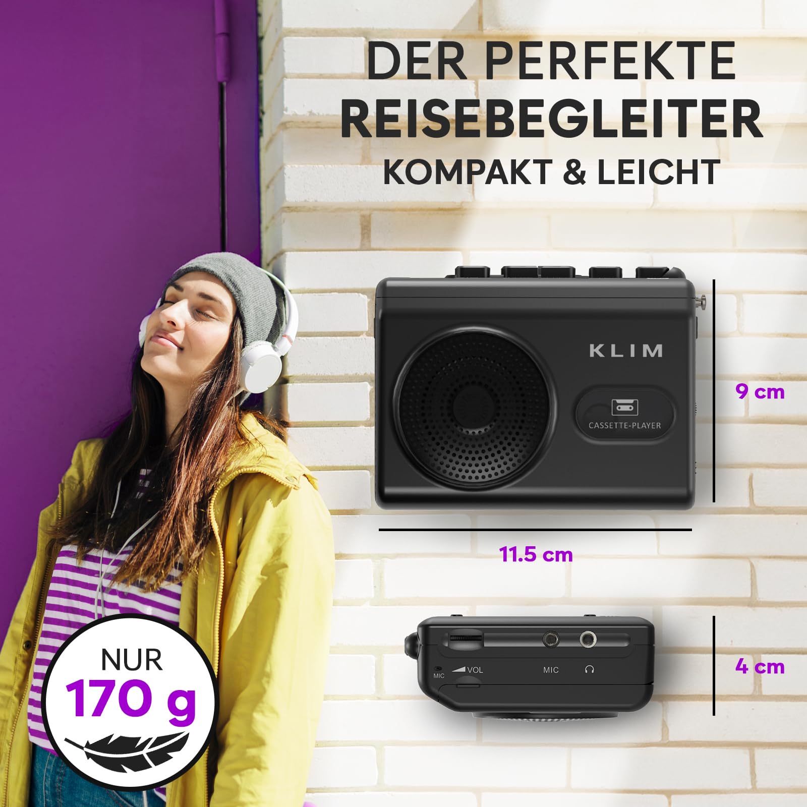 KLIM K9 Kassettenspieler – Tragbarer Cassette Player & Kassettenrecorder mit Lautsprecher, Mikrofon & Kopfhöreranschluss, Batteriebetrieben, Inkl. Kopfhörer