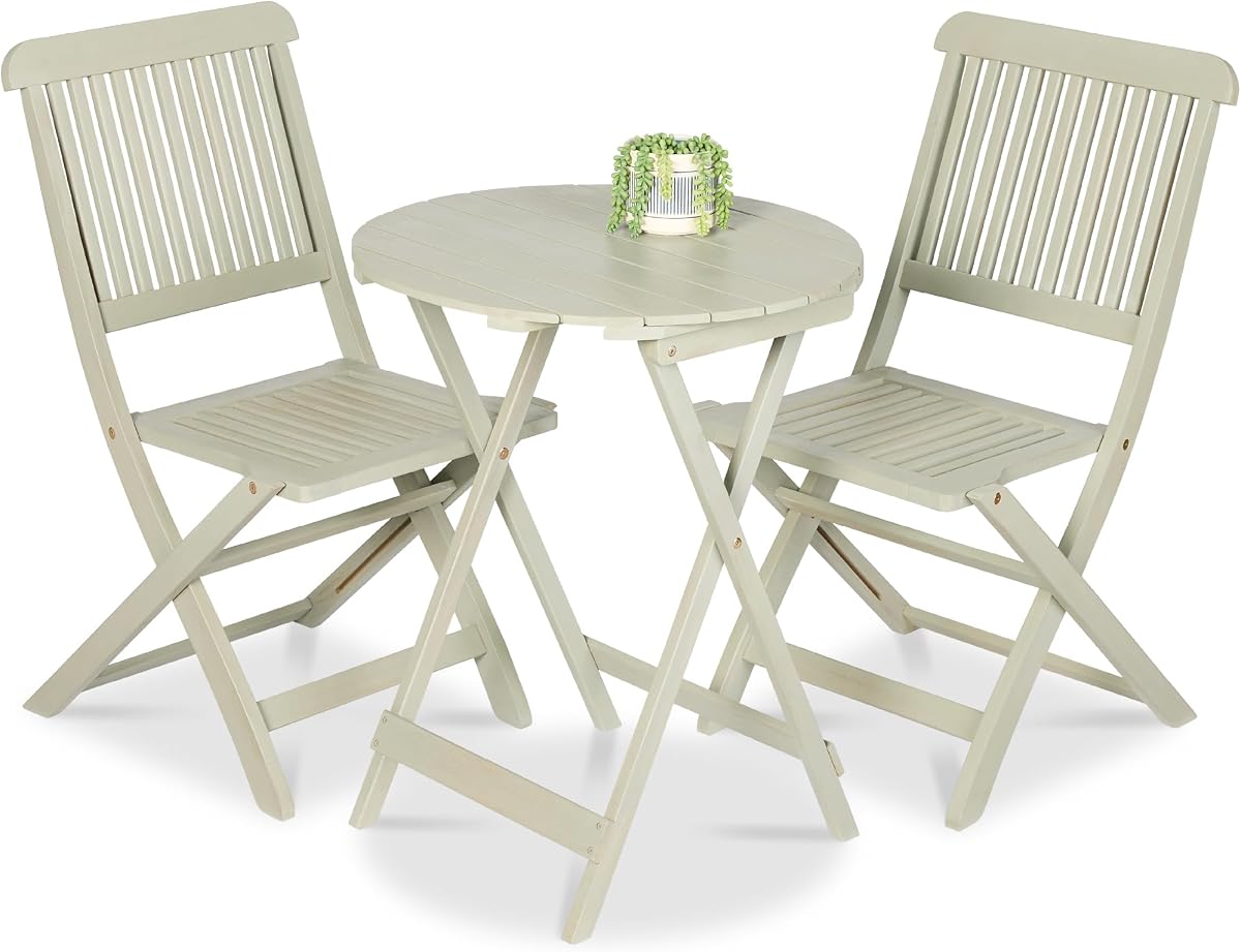 Best Choice Products Juego de bistró de madera de acacia de 3 piezas, muebles de patio plegables para patio trasero, balcón, terraza con 2 sillas, mesa de centro redonda, acabado en teca - verde salvia