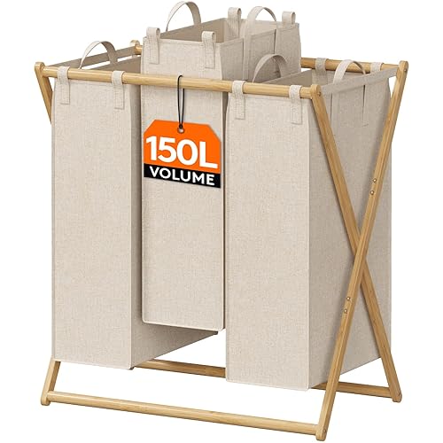 Lifewit 3 Fächer Faltbare 150L Wäschekorb Großer Bambus Frame Wäschesammler