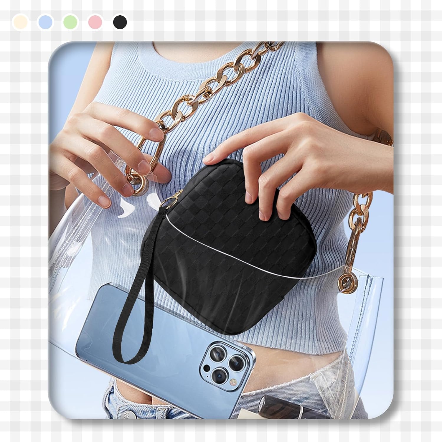 Likesing Tampon Holder for Purse, Upgraded 5.3" Checkered Period Bag, Sanitary Napkin Storage Bag with Wrist Strap for Girls Women, Thickened Portable Period Pad Pouch(Black)