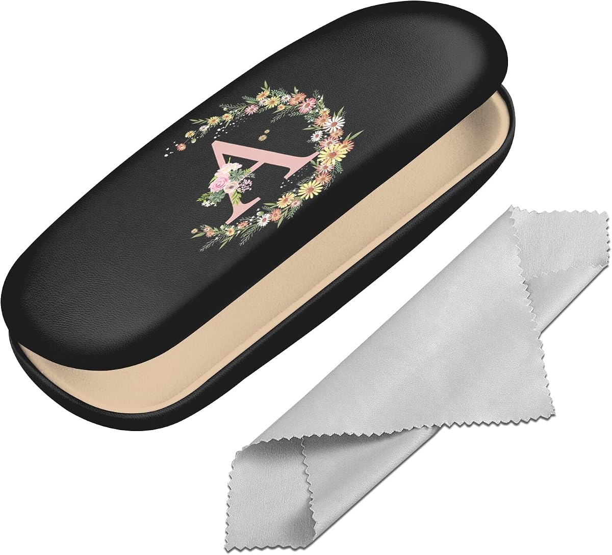Eyeglasses Case Hard Shell Initial Letter Protective Case for Glasses Eyeglass Box with Cleaning Cloth Women Men Cute