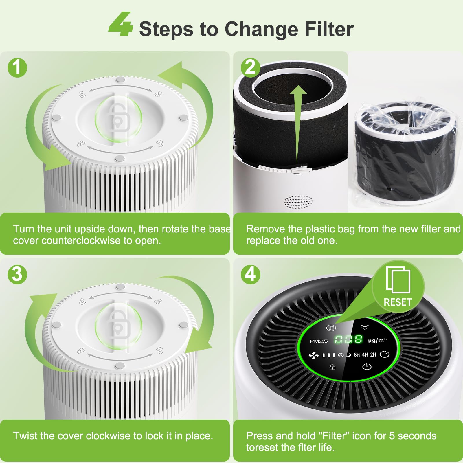 Purificateur d'air pour personnes allergiques, filtre à air HEPA contre les moisissures,la poussière et les poils d'animaux 305m³/h CADR pour chambre à coucher jusqu'à 110m² (Blanc)