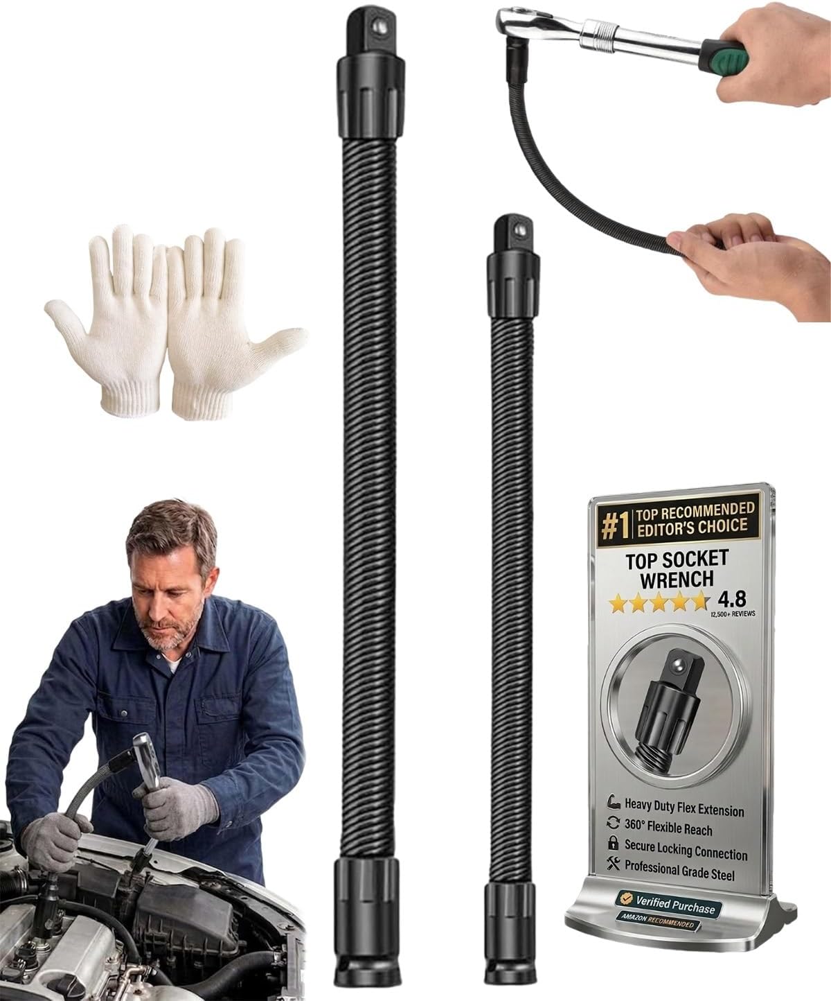 360 flex rod for impact 1/2 Flexible Shaft Extension Extender Torque Socket,Ratchet Spanners Electric Wrench Connecting Rod Hand Drive Tools with Spring Steel Shaft,Long Reach Bendable Bar Outlets
