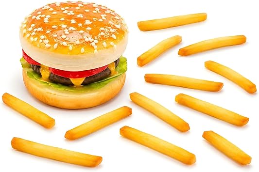 Artificial Hamburger & 12 Artificial French Fries Realistic Food Display Hamburger Model Photography Prop for Home Kitchen Shop Decorations