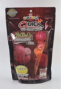 OKIKO Flowerhorn Fish Food Floating Pellets Small 1 MM Head Up Quickly Huncher Formula High Protein Tropical Fish Feed Astaxanthin Plus Color Enhancing Healthy Fast Growth (17.63 oz - Red)