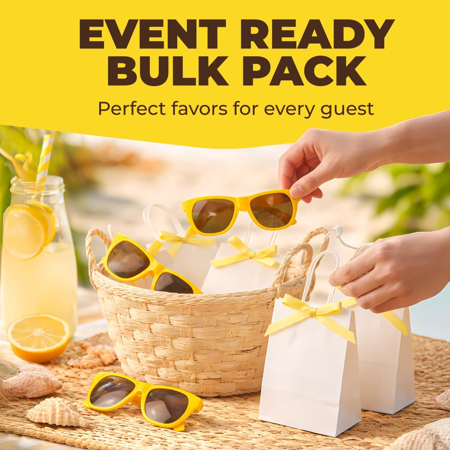 Yellow Nomad Sunglasses – 12 Pack of 5.5" Bright Plastic Sunglasses for Party Favors, Festivals, Outdoor Events, Photo Booth Props, Classroom Rewards & Summer Celebration Accessories