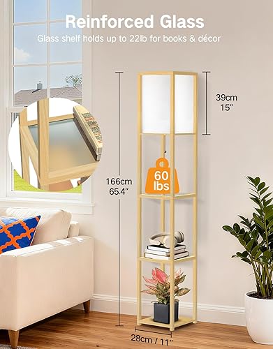 Miniatura 4 de OUTON Lámpara de pie con estantes de cristal, lámpara de pie alta con 3 temperaturas de color, modernas lámparas de pie para sala de estar,