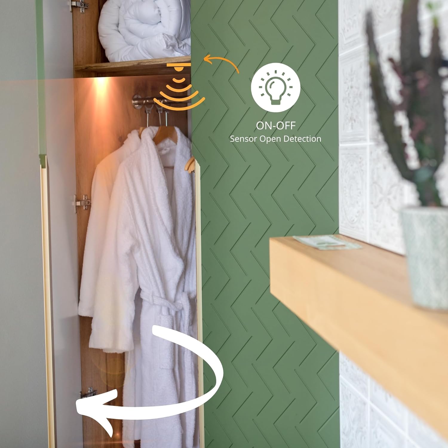 Illustration of the sensor's function in a cabinet, demonstrating automatic light activation upon door opening.